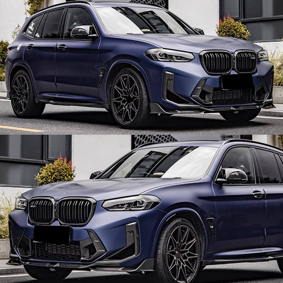 BMW X3M F97 Sport Utility 4ドア 2022-2023 ドライカーボン フロントバンパー エアベンド フィンs ボディキット サイドグリルセット